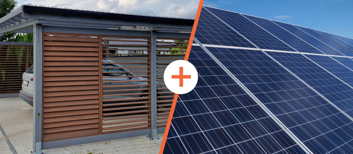 Zdjęcie lewe: Drewniana wiata garażowa na wymiar ze zintegrowanymi ruchomymi żaluzjami regulowanymi zapewniającymi ochronę i prywatność, wykonana z trwałych materiałów. Zdjęcie prawe: Nowoczesne zadaszenia tarasu z panelem solarnym pełniące rolę ekologicznego źródła energii