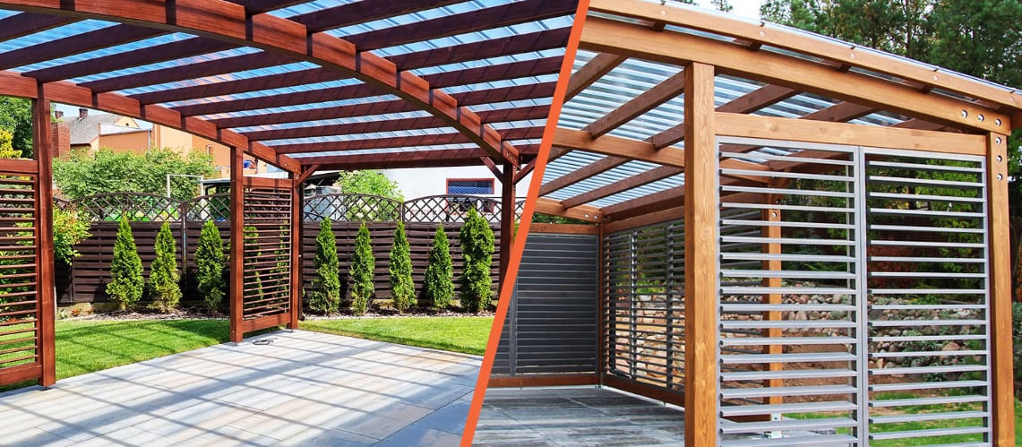 1. Drewniane zadaszenie tarasu z regulowanymi żaluzjami i pokryciem dachu z poliwęglanu fastlock na wymiar. 2. Wiaty garażowe na wymiar z drewnianą konstrukcją i żaluzjami shutters zapewniającymi ochronę przed słońcem.