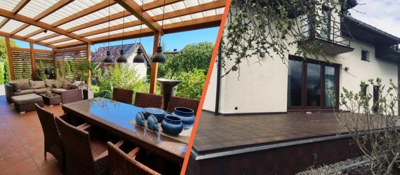 Zdjęcie 1: Nowoczesne zadaszenie tarasu z regulowanymi żaluzjami i komfortowym meblami ogrodowymi na patio z roślinnością. Zdjęcie 2: Biała elewacja domu z tarasem bez zadaszenia i przesuwnymi drzwiami balkonowymi otoczonym zielenią.