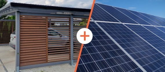 Zdjęcie lewe: Drewniana wiata garażowa na wymiar ze zintegrowanymi ruchomymi żaluzjami regulowanymi zapewniającymi ochronę i prywatność, wykonana z trwałych materiałów. Zdjęcie prawe: Nowoczesne zadaszenia tarasu z panelem solarnym pełniące rolę ekologicznego źródła energii