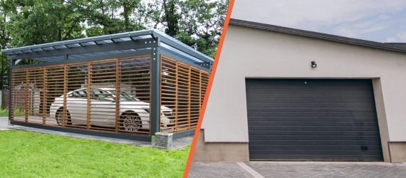 Zadaszenie tarasu z drewnianą konstrukcją i ruchomymi żaluzjami shutters oraz pokryciem dachu z poliwęglanu fastlock, zabezpieczające elegancki samochód. Garaż murowany z bramą automatyczną